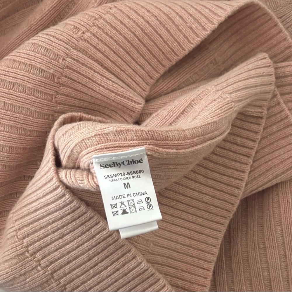 See by Chloe Wool Blend Knit Lace Sleeve Crewneck Sweater Cameo Rose Size M $325 - Picture 9 of 14